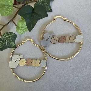 Gold Stainless Steel Hoop Earrings Jesus In Tricolor